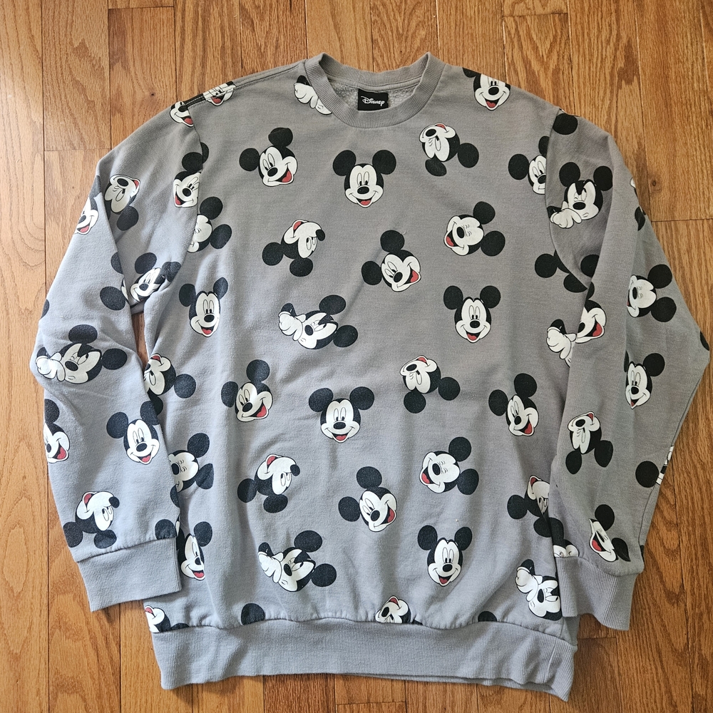 Disney Men's Gray Mickey Mouse Patterned Crewneck Sweater
